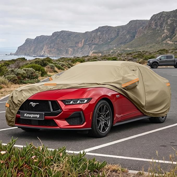 Kaugung Custom Fit Car Cover for Ford Mustang (1964-2026), Heavy Duty All Weather Waterproof Outdoor Cover, Sun Rain Snow UV Protection with Driver Door Zipper, Mirror Pockets & Air Vents