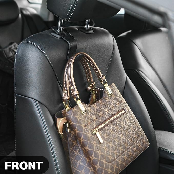 AMVOYOA U-Shaped Car Leather Hooks – Car Purse Holder, Headrest Hooks for Car, Back Seat Organizer - Elevate Your Travel Experience!(Beige)