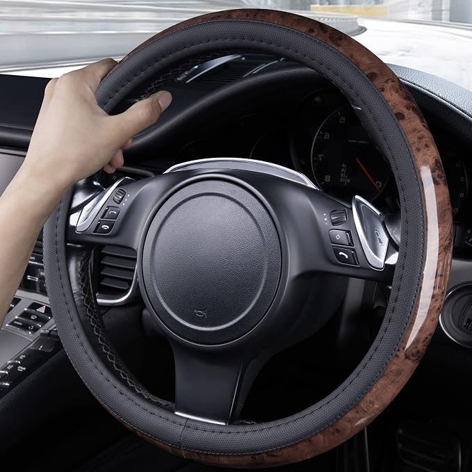 CAR PASS Wood Grain Microfiber Leather Steering Wheel Cover, Universal Fit for 14 1/2-15 inch Black Steering Wheel, Anti-Skip Veins Design,Cars, Suvs,Vans, Sedans (Black)
