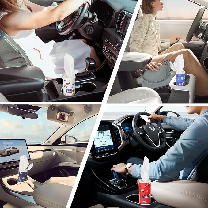 Carson Works Car Tissues Holder 4 Packs Round Car Tissues Cylinder Fit for Car Cup Holder, Home Small Tissue Dispenser with Refill Tissues for Car Bathroom Office