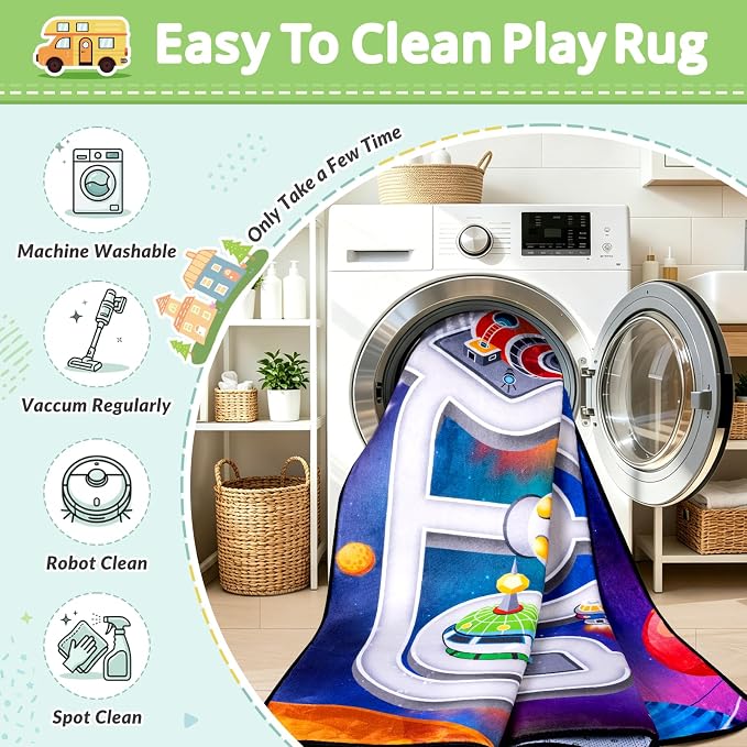 Kids Space Rug 3 x 5 Ft | Outer Space Road Play Mat with Planets & Rockets, Non-Slip Educational Carpet for Playroom