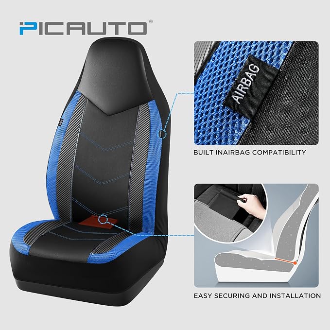 PIC AUTO Leather Car Seat Covers, Sports Carbon Fiber & Mesh Design, High-Back Two Front Set, Waterproof Automotive Seat Covers, Airbag Compatible, Universal Fit for Most Cars (Black & Blue)