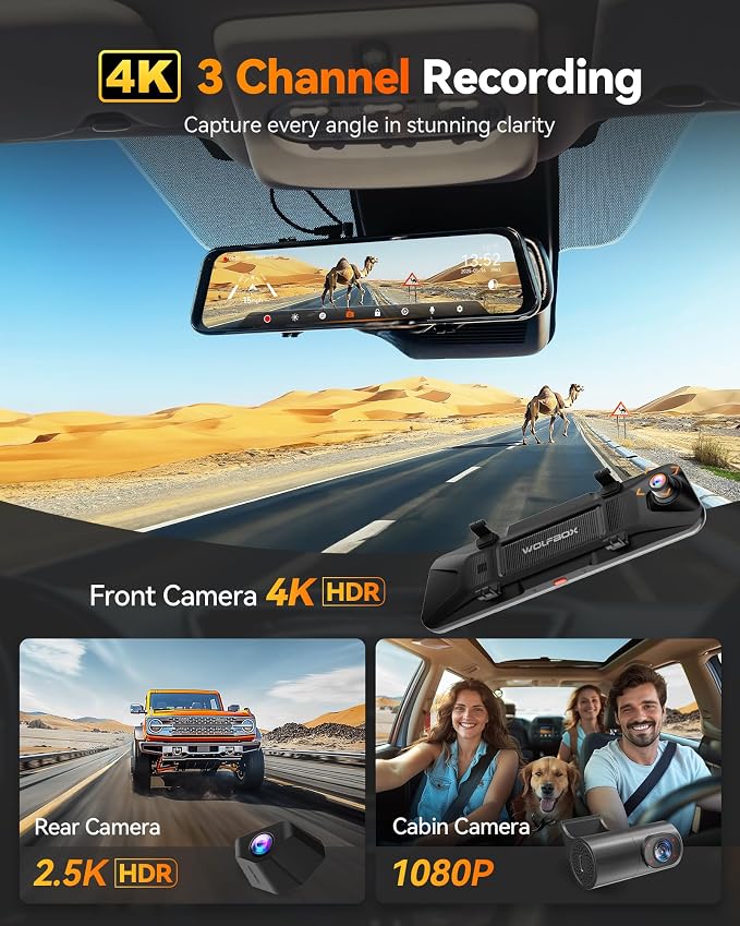 WOLFBOX G900 Tripro 3 Channel 4K Rear View Mirror Camera,8MP STARVIS IMX678 | 256GB Card,12'' 4K+1080P+2.5K Front Inside and Rear,Cabin Version,Night Vision,5.8GHz WiFi,Voice Control,GPS,Car Truck SUV