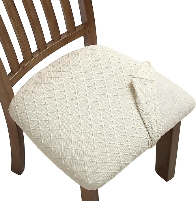 Fuloon Stretch Jacquard Chair Seat Covers Set of 4, Removable Washable Dining Chair Covers Anti-Dust Dining Room Chair Covers Seat Cushion Slipcovers (4, Beige)