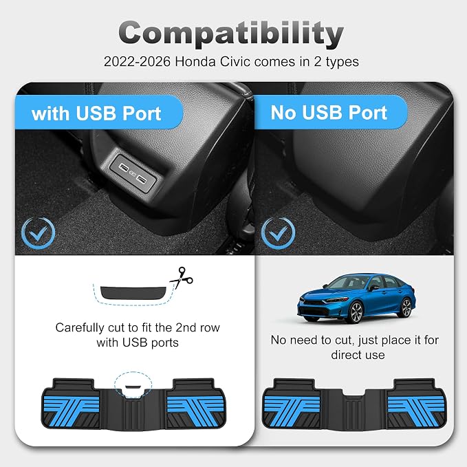 Rubber Floor Mats for Honda Civic Sedan Hatchback Si 2022-2026 | Include Sport but Not for Hybrid, All Weather Car Floor Liners Fit for Acura Integra 2023-2026, 1st & 2nd Row, Black & Blue,