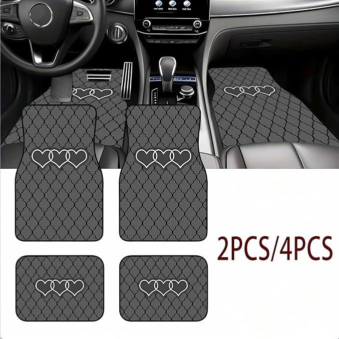 Universal Fit Car Floor Mats Set of 4Pcs, Gray Heart Pattern All-Weather Front Rear Car Carpet Mats, Non-Slip Car Floor Mat Car Accessories for Automotive Trucks SUV Sedans Vans