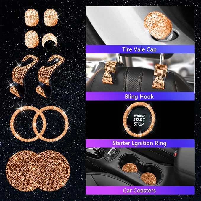 25PCS Bling Car Accessories Set,15 Inch Steering Wheel Cover,Shiny License Plate Frame,Center Console Cover and Rearview Mirror Set and Other Car Accessories(Orange)