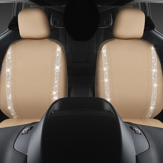 CAR PASS Leather Bling Diamond Car Seat Covers 2 Front Interior Sets, Waterproof Universal Shining Glitter Crystal Sparkle Fit for 95% Automotive Truck SUV Cute Women Girl, Beige Rhinestone