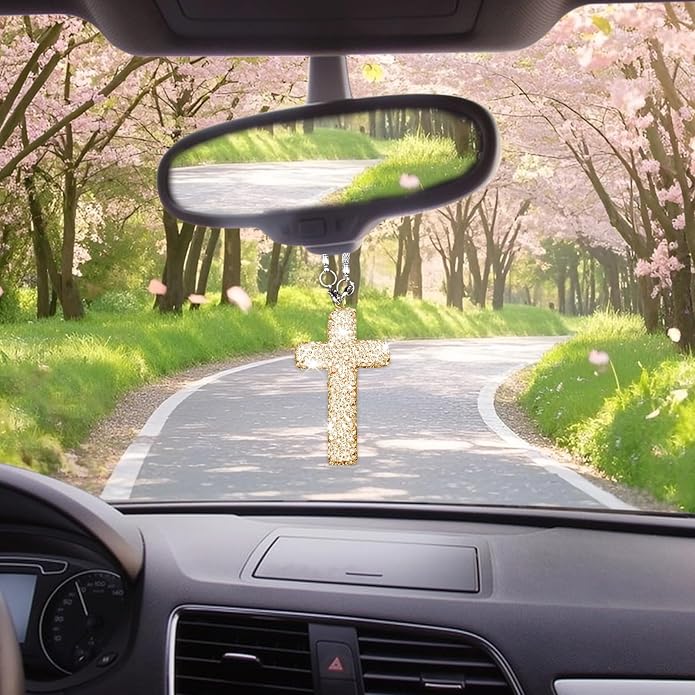 Bling Car Rear View Mirror Accessories Hanging Pendant,Cross Crystal Rhinestone For Car Mirror Hanging,Double-Sided Cross Diamond Religious,Interior Men Women Car Accessories