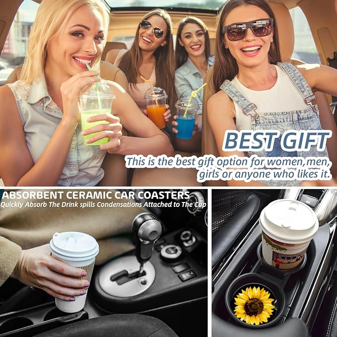 Cup Holder for Car,Elegant Sunflower Close-Up Print Ceramic Coasters Non-Slip Cup Holder Insert with Fingertip Grip, Auto Interior Accessories for Women & Men,Pack of 2, 2.56In