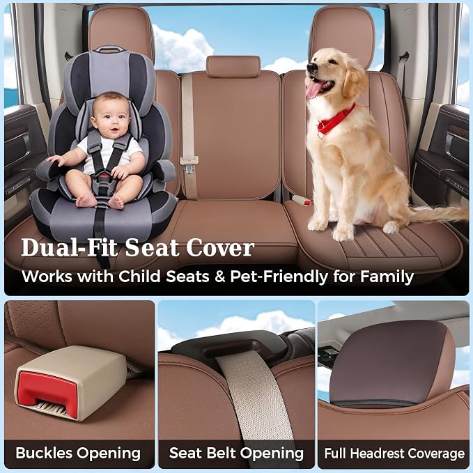 Truckiipa Seat Covers for Dodge Ram 1500 Full Set, Full Coverage Waterproof Leather Protectors Pickup Truck Accessories, Custom Fit for 2002-2026 Ram 1500 2500 3500 Crew Mega Cab, Brown