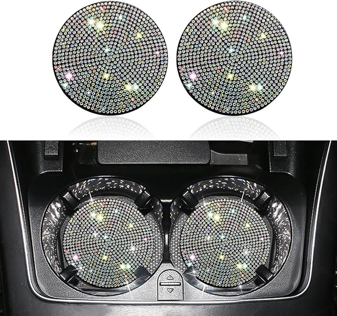 Ziciner 2 Pack Bling Car Cup Holder Coaster, Anti-Slip Auto Insert Coaster with Start Stop Button Cover, Universal Shiny Crystal Vehicle Interior Accessories for Women and Girls (AB)