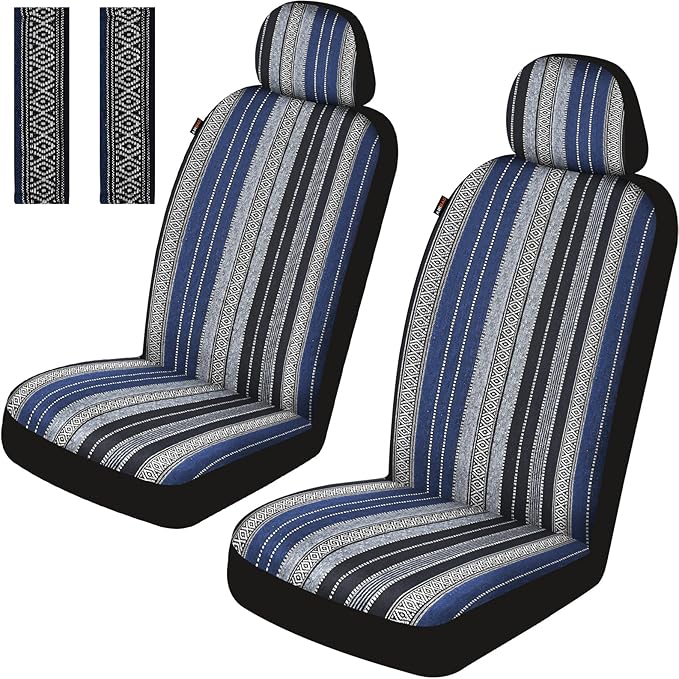 Baja Saddle Blanket Car Seat Covers Front Set with Seat Belt Pads, Washable Breathable Striped Woven Cloth Seat Covers for Cars, SUV, Truck, Airbag Compatible(Blue)