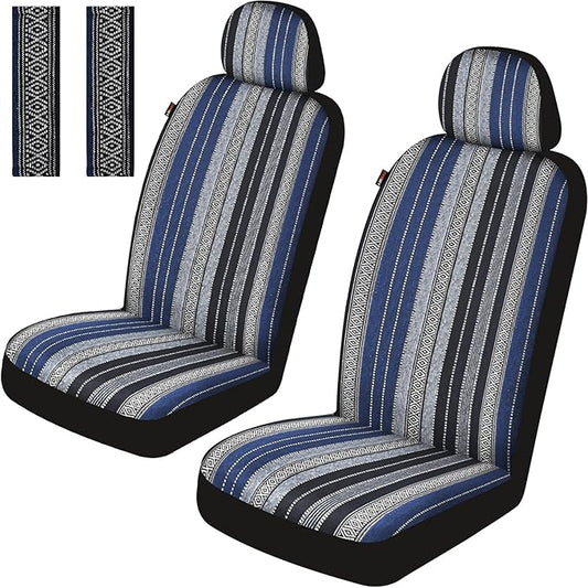 Baja Saddle Blanket Car Seat Covers Front Set with Seat Belt Pads, Washable Breathable Striped Woven Cloth Seat Covers for Cars, SUV, Truck, Airbag Compatible(Blue)