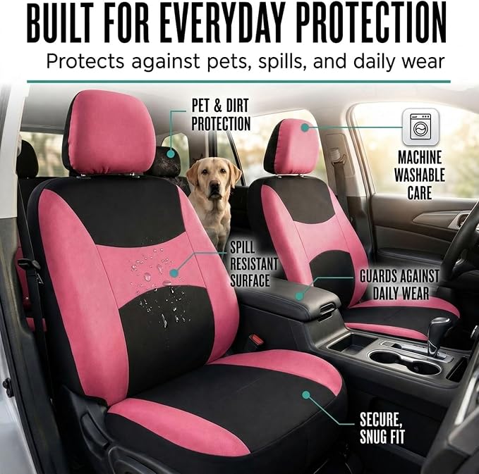 FH Group Full Set Cloth Car Seat Covers, Universal Fit combo, Low Back Front Seat Covers, Airbag Compatible, Split Bench Rear Seat, Washable Seat Cover for SUV, Sedan, Van, Pink