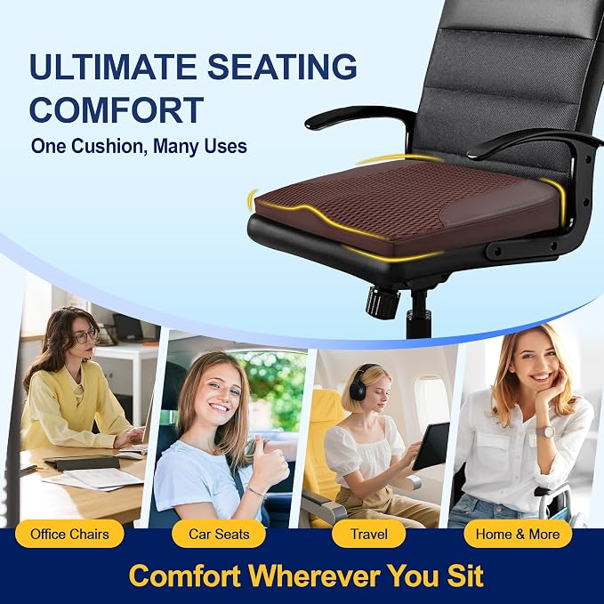 kingphenix Car Seat Cushion – Memory Foam Pad for Driving Comfort – Boosts Height and Relieves Coccyx & Lower Back Pain – Car, Truck, Office Chair (Leather & 4D Mesh Brown)