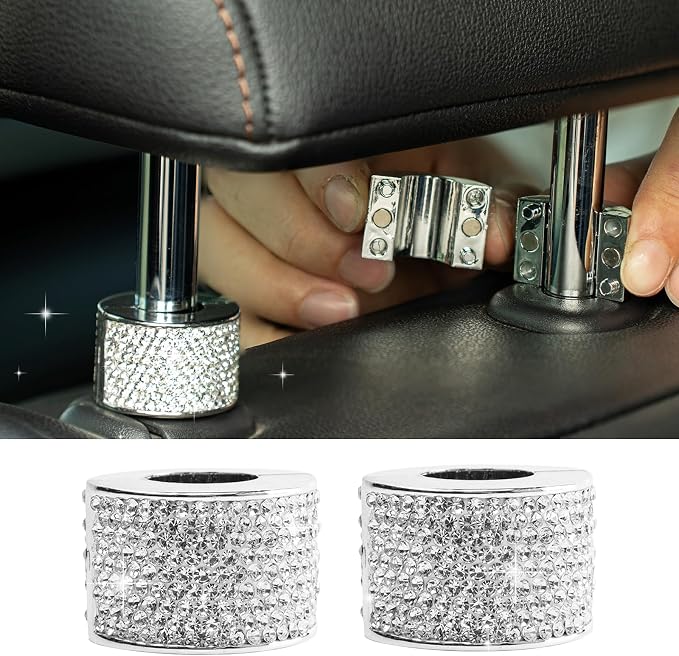 Rislobx 2PCS Magnetic Car Headrest Collars, Rhinestone Car Head Rest Collars Rings Decor, Bling Car Accessories for Women, Interior Decor Car SUV Truck (White)