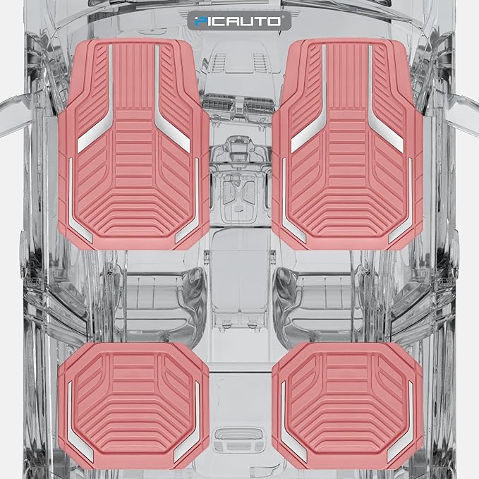 PIC AUTO Heavy Duty Pink Rubber Floor Mats, Silver Aluminum Film Car Mats Set, Front and Rear Car Mats with Anti-Slip Backing, All Weather Protection, Trim-to-Fit for Automotive SUV, Sedan, Van