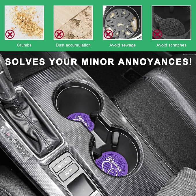 2 PCS Car Cup Holder Coaster, 2.76 Inch Non-Slip Auto Drink Mats with Blessed Cross and Heart, Shockproof Christian Cup Insert Coaster for Most Vehicles, Car Accessories (Dark Purple)