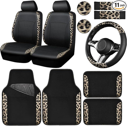 CAR PASS Leopard Print Faux Leather Car Seat Covers & Leopard Car Mats&Leopard Steering Wheel Cover Seat Belt Universal Car Accessories for SUV,Van,Saden,Truck Automobile Interior Sets(Gold Black)