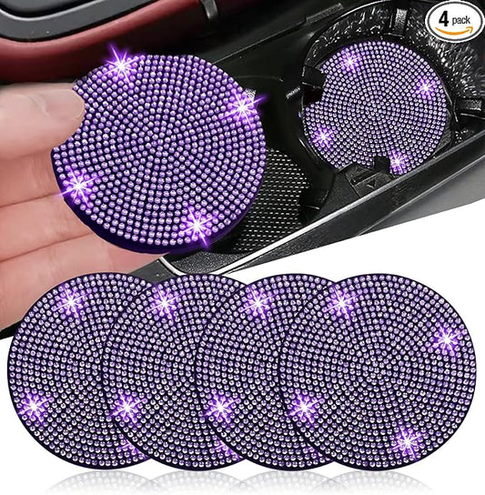 NBTEPEM 4pcs Bling Car Cup Holder Coaster, 2.75 inch Anti-Slip Shockproof Universal Car Coasters Insert Bling Crystal Rhinestone Automotive Interior Accessories for Women (4 pcs, Purple Violet)