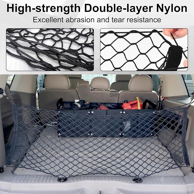 Cargo Net, Premium Dual-Layer Nylon Cargo Net for SUV, Automotive Exterior Accessories, Adjustable Elastic Trunk Net with Hook, Car Accessories for SUV, Truck, Pickup(43.3x15.7 Inch)