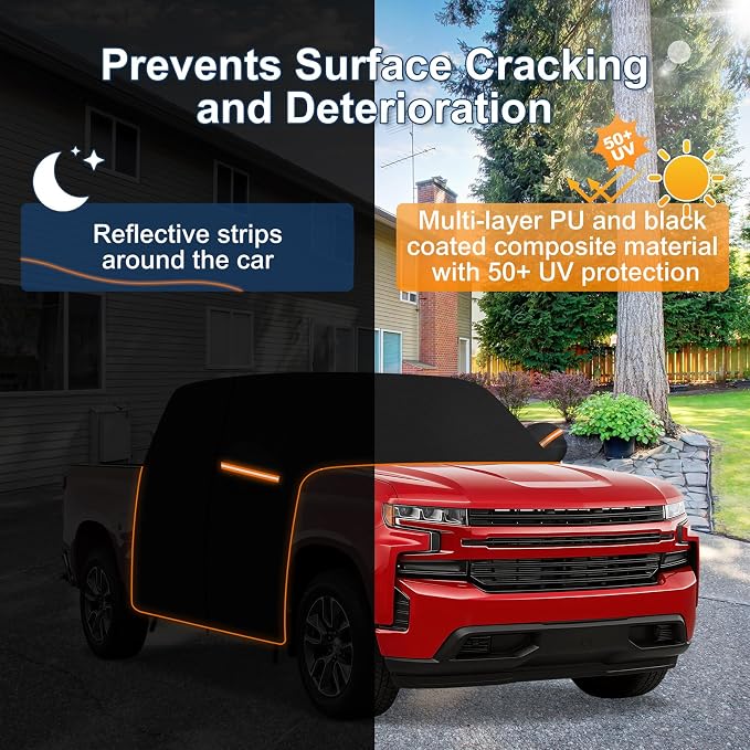 QUNSUNUS Silverado 1500 Cab Cover Regular/Extended/Crew Cab All Years Compatible with Sierra 1500,Waterproof Silverado Truck Cover with Cotton Liner, Half Car Cover with Adjustable Straps and Zipper