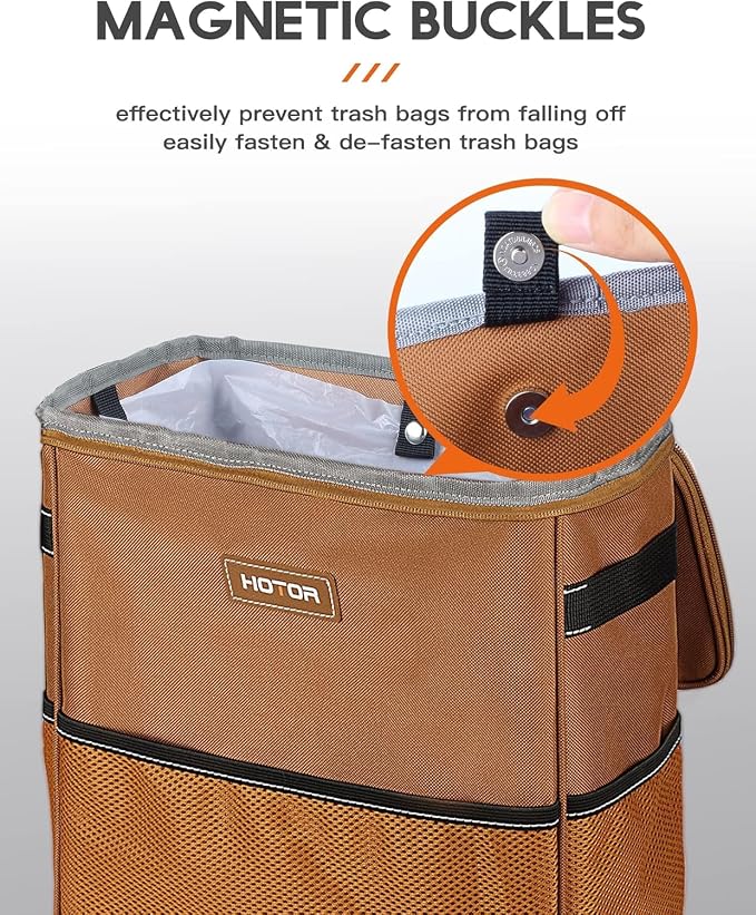 HOTOR 3 Gallons Car Trash Can, Ultra Large Capacity Organizer and Storage with Adjustable Straps & Magnetic Snaps, Waterproof Car Accessory for Interior Car Stuff Storage, Brown