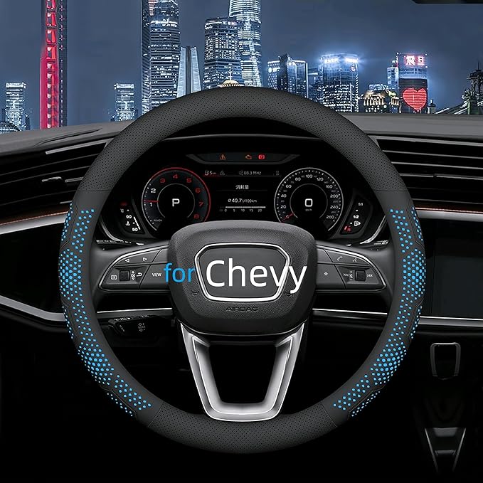Yangday Leather Steering Wheel Cover for Chevy Silverado 1500 2500 3500, 14.5-15 inches Car Steering Wheel Cover with Non-Slip Breathable (Blue)