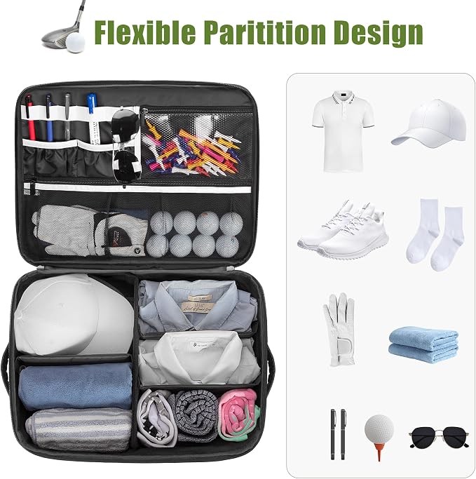 PGmoon 2 Layer Golf Trunk Organizer, Golf Car Storage Organizer,White | Individual Ventilated Compartment for 2 Pairs Shoes, Golf Car Locker for Balls, Clothes, Tees, Gloves, Accessories (Black)