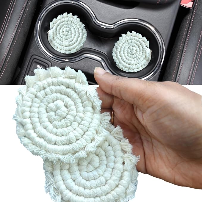 Cotton Car Coasters for Cup Holders, 2PC Car Cup Coasters, Drink Coaster Holder, Cute cupholder Coaster Accessories for Women, Macrame, Boho (Vanilla White)