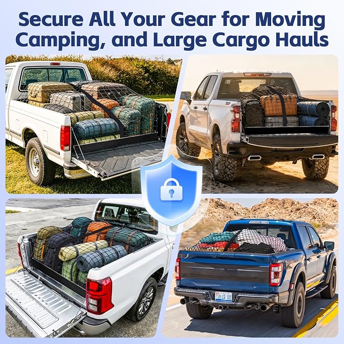 Cargo Net for Silverado/Sierra/Ram 1500, Frontier, Ridgeline, Tacoma/Tundra | Heavy Duty Truck Bed Organizer, Highly Elastic Tailgate Net with Carabiners, Weatherproof Mesh Cover with Attached Zipper Bag