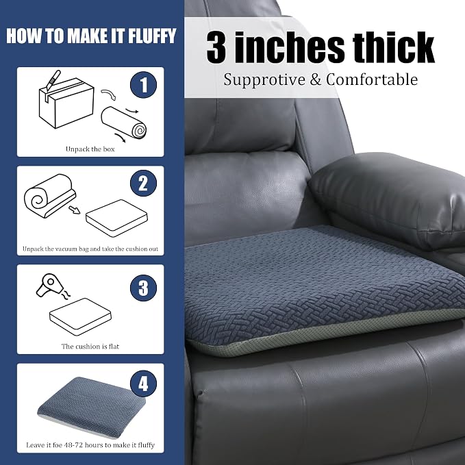 HOMBYS Tufted Furry Recliner Seat Cushion for Elderly Foam Curved Edge Large Square Seat Cushion for Recliner Chair, Floor Pillow, Office Chair, Car, No Pressure on Thighs(Grey)