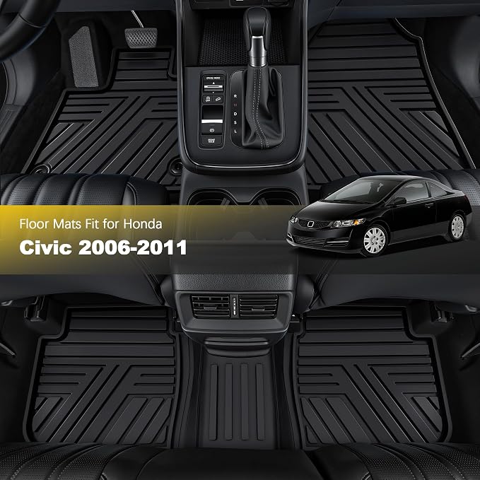Rubber Floor Mats for Honda Civic Sedan 2006-2011 (Not Fit Coupe) | All Weather Heavy Duty Car Mats Fit for Civic, 1st & 2nd Row, Black
