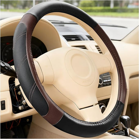 Car Steering Wheel Cover, 14.5-15" Non-Slip Soft Leather Breathable Sporty Steering Wheel Protector, Comfortable Automotive Interior Protection Accessory, Universal for Vehicles (Black/Brown)