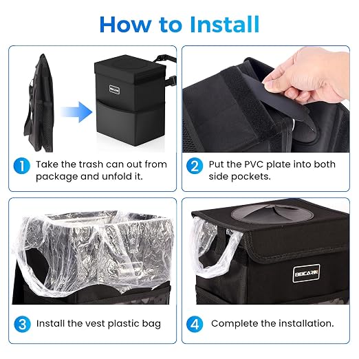 Beicarin Car Trash Can with Lid - Trash Bag Hanging with Storage Pockets Leak-Proof Organizer Collapsible and Portable Waterproof Garbage Bin, 2.2 Gallons Multipurpose Trash Bin for Car
