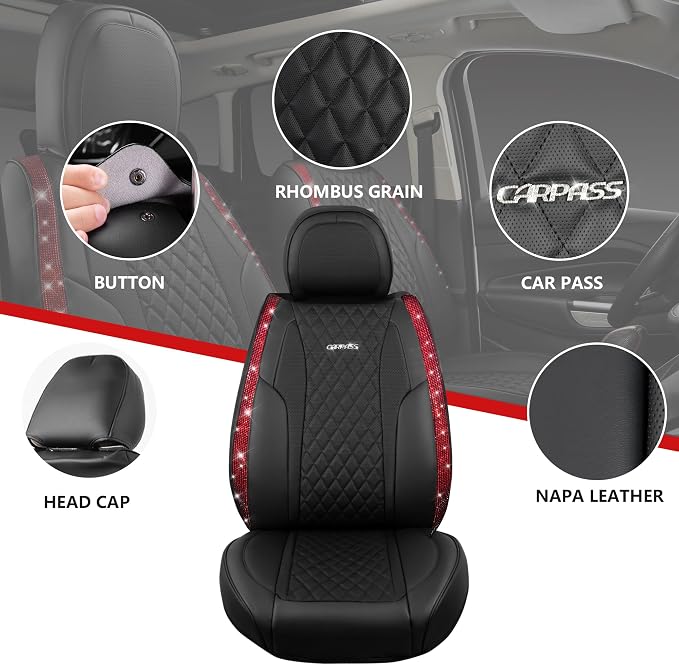 CAR PASS Nappa Leather Bling Diamond Black Red Seat Covers Full Set, Waterproof Calfskin Heavy-Duty Anti-Slip, Universal Fit for 95% Auto SUV Sedan Truck, Glitter Sparkle Shining (Red Rhinestone)