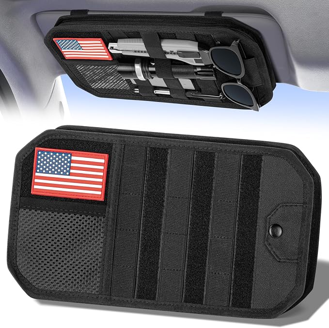 Car Sun Visor Organizer, Multi-Pocket Tactical Visor Storage with Zipper | Semi-Rigid Molle Panel Car Accessories, Sunglasses Holder Clip, for Truck, SUV, Patrols, Pickups