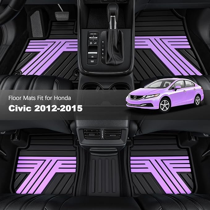 Rubber Floor Mats for Honda Civic Sedan 2012-2015 (Not for Coupe) | All Weather Heavy Duty Car Mats Fit for Civic, 1st & 2nd Row, Black & Purple