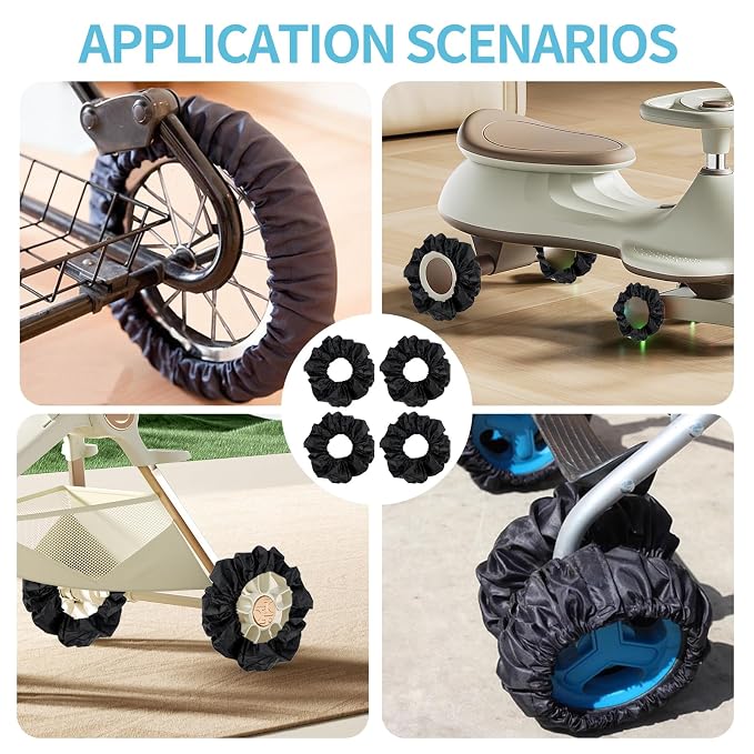 4 Pack Baby Stroller Wheel Cover Black Wheelchair Wheel Tire Protector for Child Kid Baby Stroller Jogger Wheels Covers Noise Reducing & Anti Scratch Cart Wheel Tire Protectors Accessories L