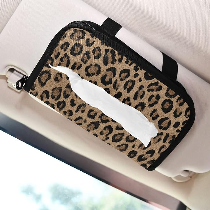 Car Tissue Holder Car Napkin Holder Box Dispenser Storage Case Sun Visor Mask Holder with Adjustable Straps Reusable Refillable Brown Leopard Print