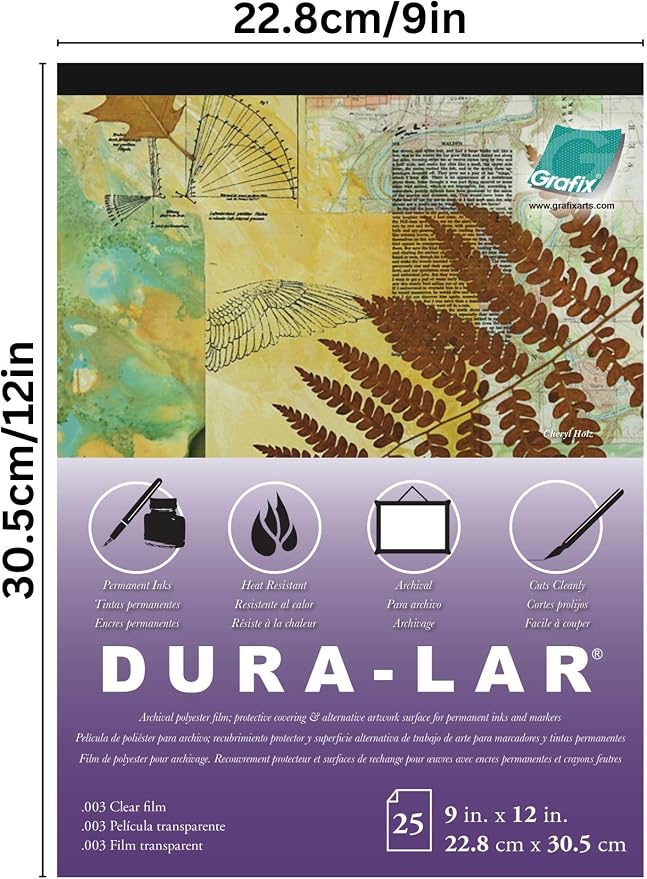 Grafix Dura-Lar 0.003" Film, Ultra Clear, Glossy 9"x12" Sheet, Mylar/Acetate Alternative for, Blank Stencils and Templates, Protection, Transparencies, Windows, Arts and Crafts, Pad of 25 Sheets