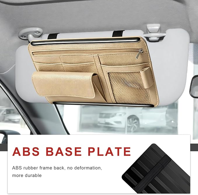 Car Sun Visor Organizer, Scratch-Resistant Auto Visor Glasses Storage Bag with Multi-Pocket Net Zipper, Waterproof Leather Sunshade Organizer Card Holder for Most Vehicles (Beige)