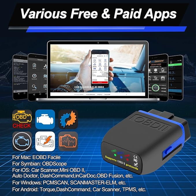 OBD2 Bluetooth 4.0 Scanner Car Code Reader for iPhone iOS Android Windows, Auto ODB2 OBDII Adapter Diagnostic Scan Tool for Check Engine Lights