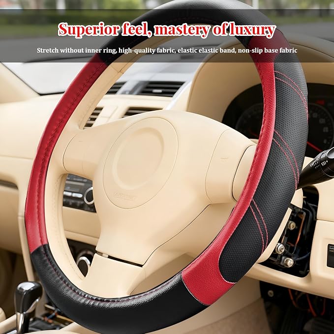 Car Steering Wheel Cover, 14.5-15" Non-Slip Soft Leather Breathable Sporty Steering Wheel Protector, Comfortable Automotive Interior Protection Accessories, Universal for Vehicles (Black/Red)