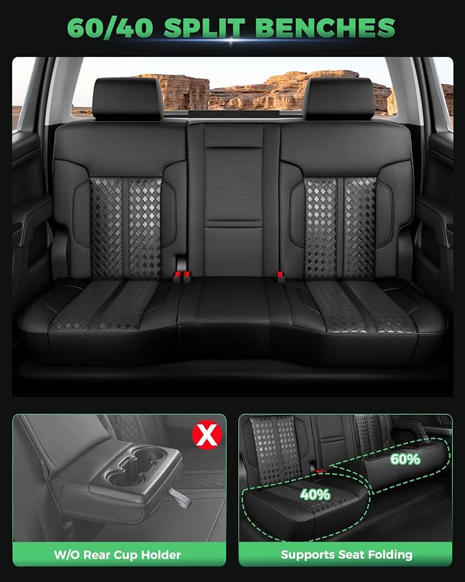 Custom Leather Seat Covers for 2014-2018 Sierra/Silverado 1500 | Only Crew Cab, Fits 2500/3500HD 2015-2020, no Rear Armrest/Seatback Storage, Waterproof, Scratch-resistant, Easy-clean