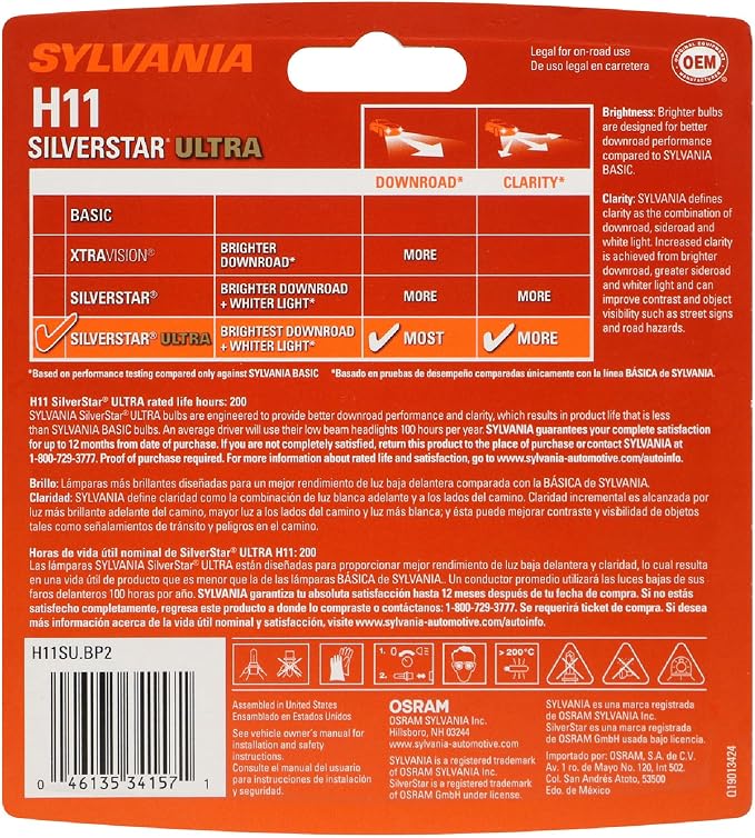 SYLVANIA - H11 SilverStar Ultra - High Performance Halogen Headlight Bulb, High Beam, Low Beam and Fog Replacement Bulb, Brightest Down Road with Whiter Light, Tri-Band Technology (Contains 2 Bulbs)