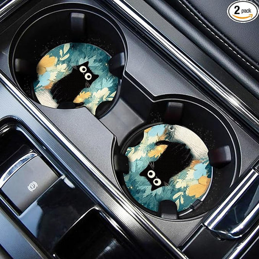 WOCOCN Cute Cup Holder Coasters for Your Car with Fingertip Grip, Auto Accessories for Women & Men,Pack of 2 (Cute Black Cat)