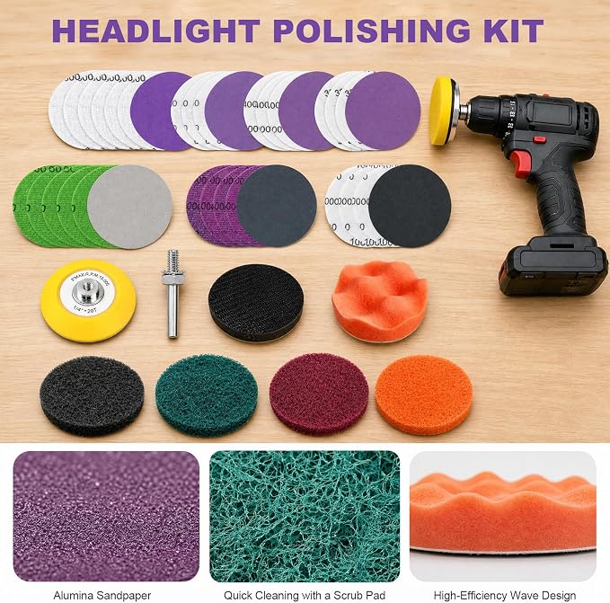 38PCS Car Headlight Restoration Kit, 3 Inch Vehicle Headlight Cleaning Set with Sanding Disc & Scouring Pad, Hook and Loop Sanding Pads Polishing Sponge for Car Headlights