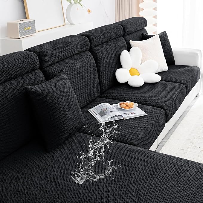 Smiry Waterproof Couch Cushion Covers, Stretch Jacquard Sectional Couch Covers, L Shape Chaise Lounge Sofa Slipcover, Washable Elastic Furniture Protector for Pets, Kid (XL-Chaise Cover, Black)